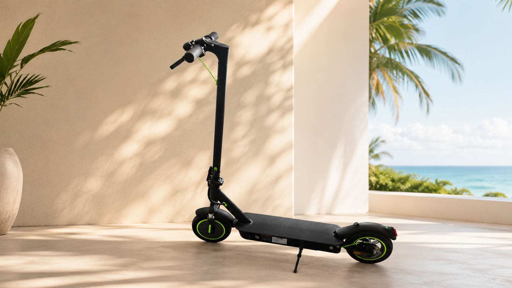 Morning Star Auto Rental electric scooter parked by the Belize coast